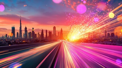 Poster - Futuristic speed burst on city highway with laser trails and motion glow
