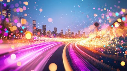 Poster - Speeding through abstract city with luminous police lines and acceleration lights