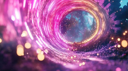 Poster - Tech swirl motion with neon blur effects, purple light streams and glowing dynamic flow in a digital tunnel