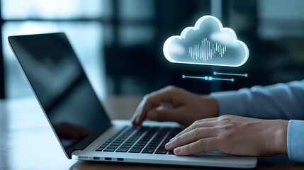 Poster - A businessman working on a laptop with an augmented reality interface showing cloud document icons, file sharing, backup sync symbols, and an online documentation database hovering above the screen.