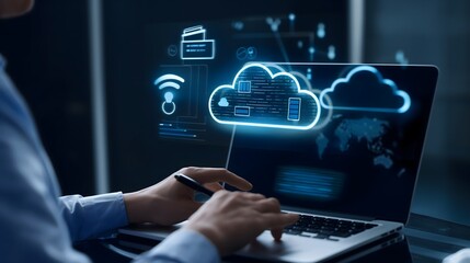 Poster - A businessman working on a laptop with an augmented reality interface showing cloud document icons, file sharing, backup sync symbols, and an online documentation database hovering above the screen.