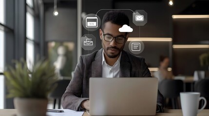 Poster - Augmented reality display of floating file icons, cloud storage folders, and sync arrows surrounding a focused businessman using a laptop, representing digital file transfer and backup solutions.