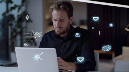 Poster - Augmented reality display of floating file icons, cloud storage folders, and sync arrows surrounding a focused businessman using a laptop, representing digital file transfer and backup solutions.