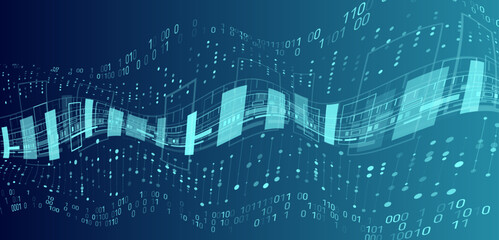 Poster - Futuristic concept for technology, programming, and innovation themes. Abstract digital background with binary code, geometric shapes, and data flow lines on a blue gradient.