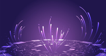 Leinwandbilder - Futuristic digital background with glowing purple light trails, binary code, and tech interface elements. Concept of data transfer, innovation, and high-speed communication.