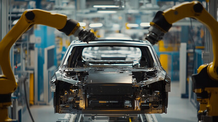 Fototapete - Close-up view of advanced robotics in automotive production Generative AI