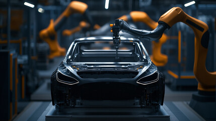 Poster - Close-up view of advanced robotic assembly in car manufacturing Generative AI