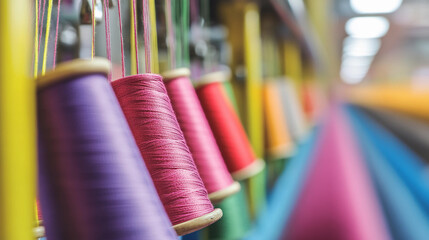 Poster - Close view of vibrant spools of thread hanging in a workshop Generative AI