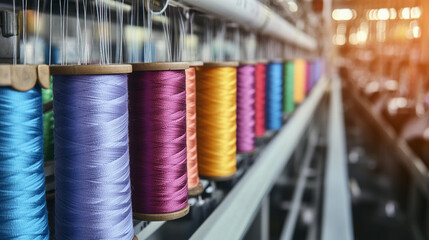 Poster - Close-up view of vibrant thread spools in a sewing workshop Generative AI