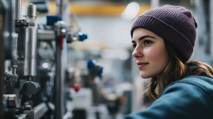 Poster - Young woman in beanie working with machinery indoors Generative AI
