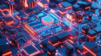 Poster - Complex computer circuit with illuminated processor.