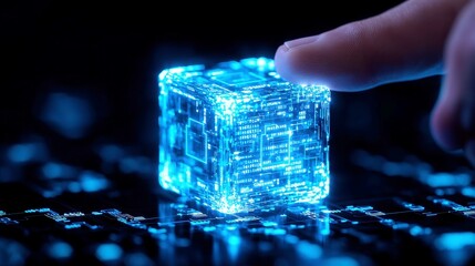 Poster - Futuristic AI Ethics Framework, a dynamic 3D cube morphing through vibrant surfaces, symbolizing trust, fairness, and control in a digital landscape of innovation.