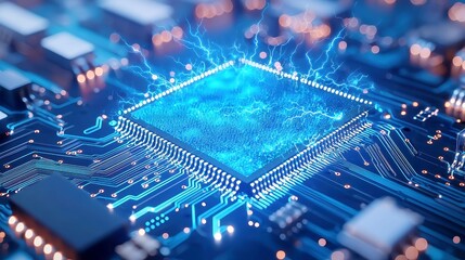 Poster - Quantum Blue Portal on Circuit Motherboard, glowing wires pulse with energy, nanobots emerge from the gateway into the real world, futuristic technology concept.