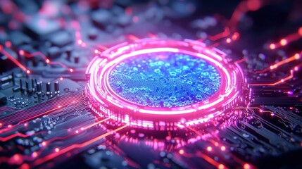 Poster - Quantum Portal Circuitry, a vivid scene of a blue portal on a circuit motherboard, glowing wires intertwining, amidst a microscopic sci-fi landscape with pulsating electron-like creatures.