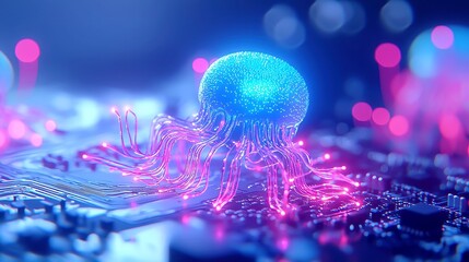 Poster - Quantum Blue Portal, a vibrant circuit motherboard with glowing wires, set in a microscopic sci-fi landscape where electrons mimic luminous creatures in an expansive void.