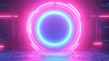 Poster - Quantum Blue Portal, a retro-futuristic circuit motherboard featuring glowing wires in vibrant vaporwave colors, evokes the essence of 1980s technology and innovation.