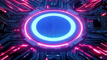 Poster - Quantum Blue Portal on Circuit Motherboard, featuring glowing wires and a retro-futuristic 1980s aesthetic, enhanced by a vaporwave color palette in an expansive setting.