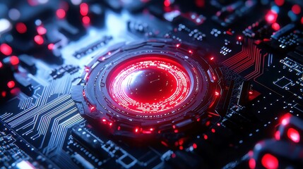 Poster - Quantum Blue Portal on Circuit Motherboard, glowing thin wires, AI drones with iridescent armor, red optics, high-tech environment, advanced technology, futuristic design