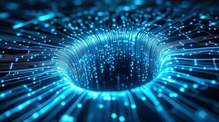 Poster - Quantum Blue Portal, a vivid depiction of a glowing portal on a circuit motherboard, surrounded by a black void, with spiraling wires resembling neural pathways.