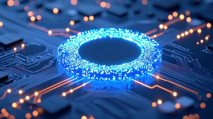 Poster - Quantum Blue Portal, an abstract digital rendering of a glowing circuit motherboard, featuring intricate thin wires and vibrant particle trails, evoking a sense of advanced technology.