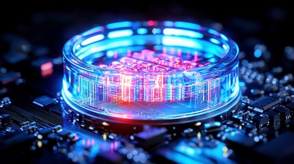 Poster - Quantum Portal City, a vibrant blue portal emerges on a circuit motherboard, glowing wires illuminate the scene, transforming hardware into a sprawling futuristic metropolis.