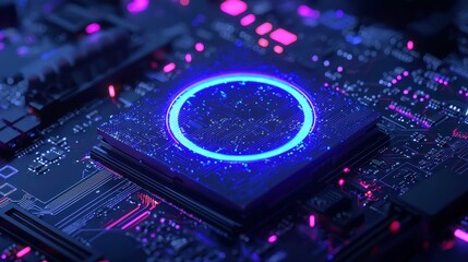 Poster - Quantum Blue Portal, a vibrant depiction of a glowing portal on a circuit motherboard, featuring intricate glowing wires, cyberpunk aesthetics, glitch effects, neon overlays.