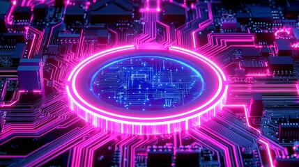 Poster - Quantum Blue Portal, a vibrant cyberpunk scene featuring a glowing circuit motherboard with thin wires and glitch effects, immersed in neon colors and futuristic aesthetics.