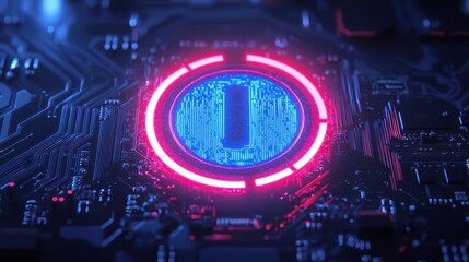 Poster - Quantum Blue Portal, a vivid cyberpunk scene featuring a glowing portal on a circuit motherboard, intertwined with thin wires and enhanced by glitch effects and neon overlays.