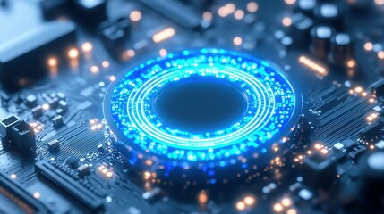 Poster - Quantum Blue Portal, a luminous gateway on a circuit motherboard, intertwines glowing wires, creating a wormhole to a parallel dataverse defying physical laws.