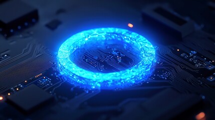 Poster - Quantum Blue Portal, a glowing circuit motherboard with thin wires, serves as a wormhole into a parallel dataverse, transcending physical laws and exploring new dimensions.