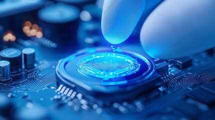 Poster - Quantum Nexus, a vibrant blue portal pulsates on a circuit motherboard, surrounded by glowing wires, as robotic arms meticulously assemble intricate quantum circuits.