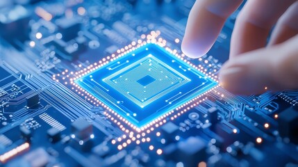 Poster - Quantum Blue Portal, a vibrant technology hub on a circuit motherboard, glowing wires pulse like a heartbeat as robotic arms intricately assemble advanced quantum circuits.