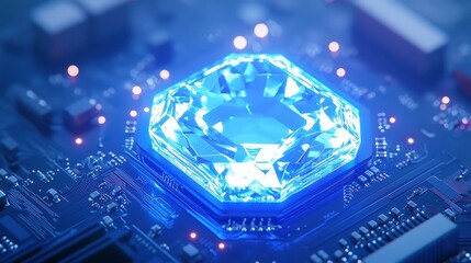 Poster - Quantum Blue Portal, a luminous gateway on a circuit motherboard, features glowing wires creating a temporal bridge for transmitting information into the past.