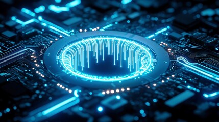 Poster - Quantum Vortex Portal, a glowing blue portal on a circuit motherboard, surrounded by thin lines of light, drawing in digital souls from interconnected networks, ethereal energy.