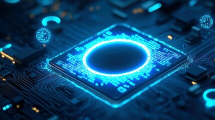 Poster - Quantum Blue Portal on Circuit Motherboard, glowing wires interwoven, surrounded by holographic code rings and floating data particles, showcasing advanced technology in a digital realm.