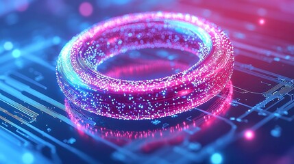 Poster - Quantum Blue Portal, a mesmerizing digital realm featuring a glowing portal on a circuit motherboard, intertwined with thin wires and dynamic fractal patterns in vibrant geometry.