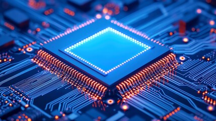 Poster - Quantum Blue Portal, a luminous gateway on a circuit motherboard, intertwined with glowing wires, set against dynamic geometric shapes and intricate fractal patterns in digital realms.