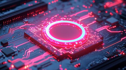 Poster - Quantum Blue Portal, vibrant circuit motherboard design featuring glowing wires, intricate stained glass pattern illuminated by ethereal quantum light, creating a futuristic ambiance.