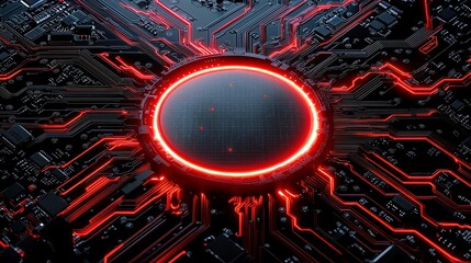 Poster - Quantum Blue Portal on Circuit Board, a vibrant blue portal surrounded by glowing wires illuminating copper pathways, creating radiant reflections reminiscent of sunlight.
