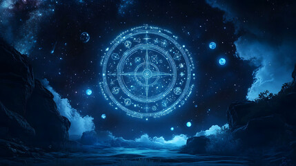 Wall Mural - celestial night sky with astrological symbols and planets glowing in blue hues across the universe