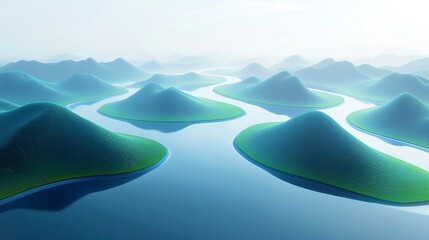 Poster - Futuristic AI Ethics Framework, a branching river flows between islands named Free Will, Regulation, Transparency, Logic, symbolizing the interconnectedness of ethical principles.