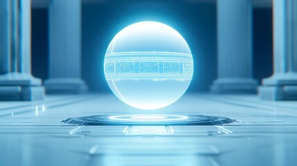 Poster - Futuristic AI Ethics Sphere, an intricate sphere of code and ancient symbols rotates above a glowing circuit-lit temple floor, embodying the fusion of technology and philosophy.