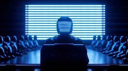Poster - Futuristic AI Ethics Framework in a sci-fi courtroom, holographic interface, human and AI judges collaborating, advanced technology setting, innovative legal discussions.