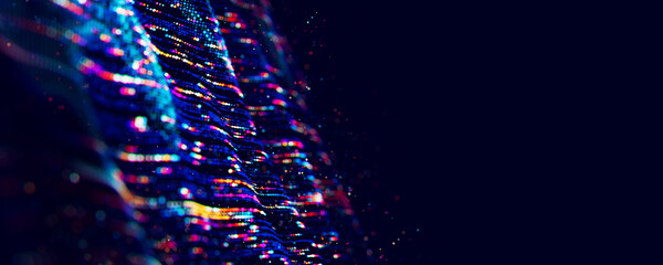 Poster - Abstract Big data digital stream waves. Information flow concept. LLM learning process, AI technology. Quantum computing. 