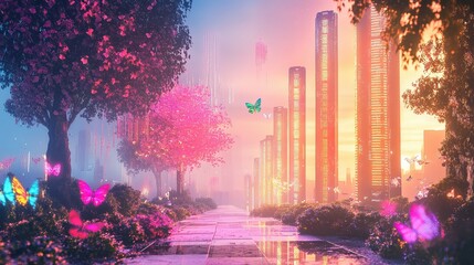 Poster - Abstract 3D pathway with binary high-rise structures, tech city and AI visualization