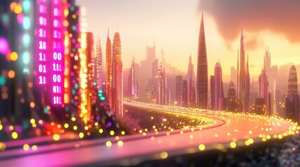 Poster - Abstract city built of glowing binary digits with a highway slicing through, digital tech realm