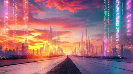 Poster - Surreal futuristic road through a matrix of binary buildings, representing big data travel