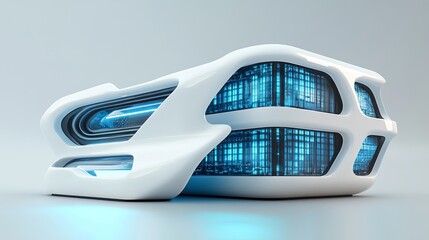Poster - Futuristic White Building Design Modern Architecture Abstract Blue Light Technology Innovation Digital Render 3D Model Clean Lines Smooth Surface Architectural Visualization Creative Design Element   