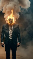 Poster - Surreal animation of a businessman with his head on fire, standing still as smoke billows around him, creating a dramatic and mysterious atmosphere