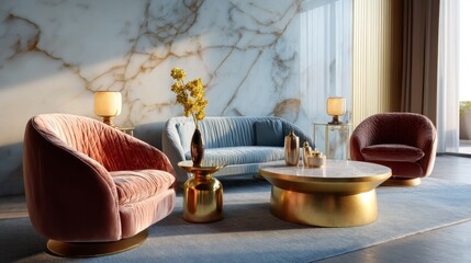 Poster - A chic lounge space showcases stylish velvet armchairs and sofas adorned with soft pastel hues. A marble coffee table stands centrally, enhancing the modern and inviting atmosphere.